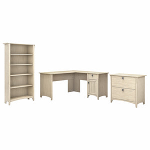 Bush Furniture Salinas 60W L Shaped Desk with Lateral File Cabinet and 5 Shelf Bookcase | Antique White