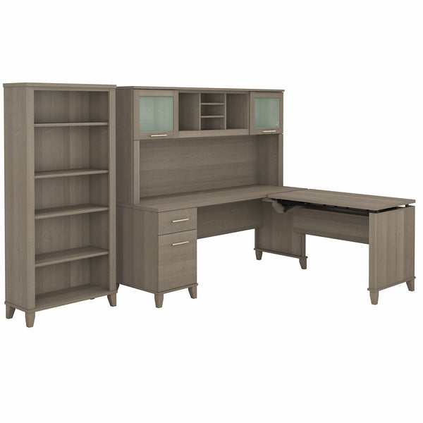 Bush Furniture Somerset 72W 3 Position Sit to Stand L Shaped Desk with Hutch and Bookcase | Ash Gray