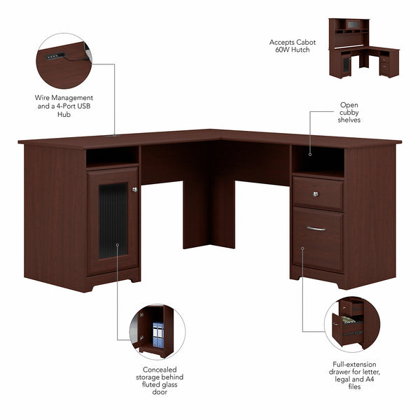 Bush Furniture Cabot 60W L Shaped Computer Desk with Hutch | Harvest Cherry