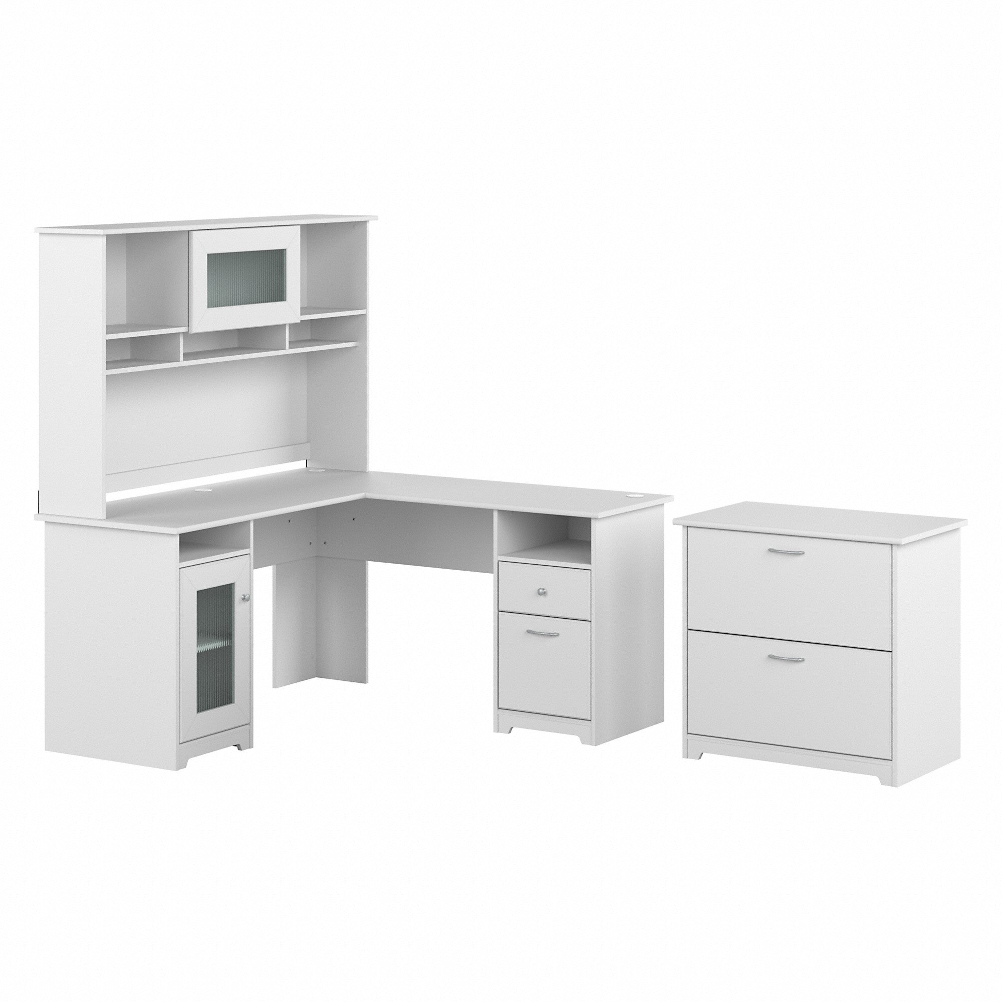 Bush Furniture Cabot 60W L Shaped Computer Desk with Hutch and Lateral File Cabinet | White