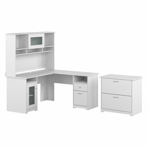 Bush Furniture Cabot 60W L Shaped Computer Desk with Hutch and Lateral File Cabinet | White