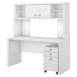 Office by kathy ireland® Echo Credenza Desk with Hutch and Mobile File Cabinet | Pure White