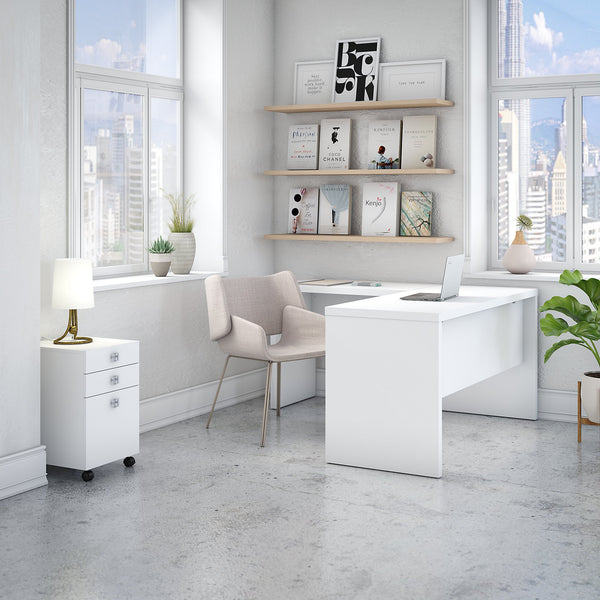Office by kathy ireland® Echo L Shaped Desk with Mobile File Cabinet | Pure White
