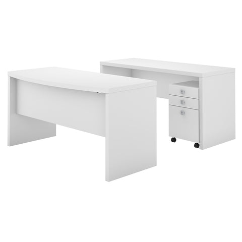 Office by kathy ireland® Echo Bow Front Desk and Credenza with Mobile File Cabinet | Pure White