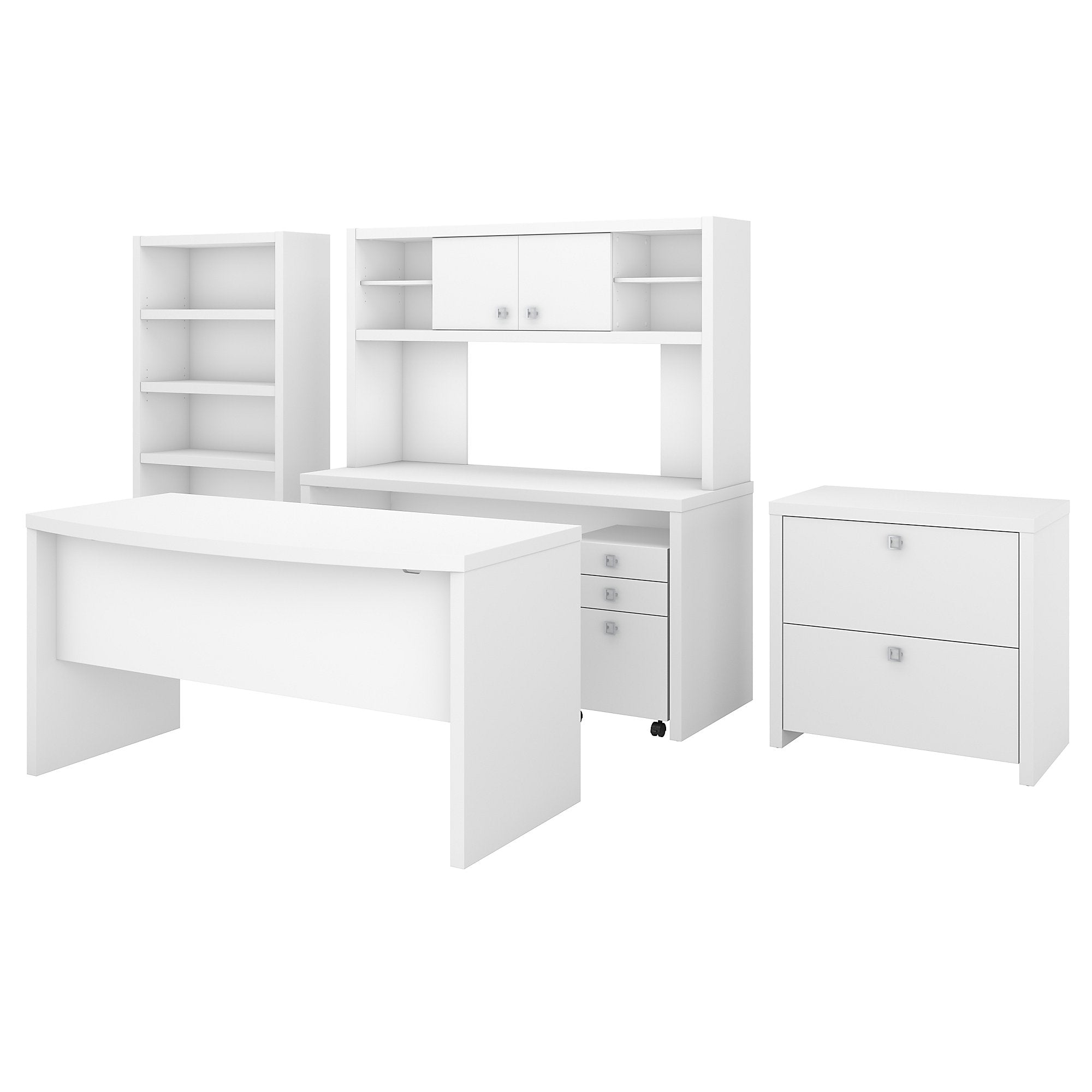 Office by kathy ireland® Echo Bow Front Desk, Credenza with Hutch, Bookcase and File Cabinets | Pure White