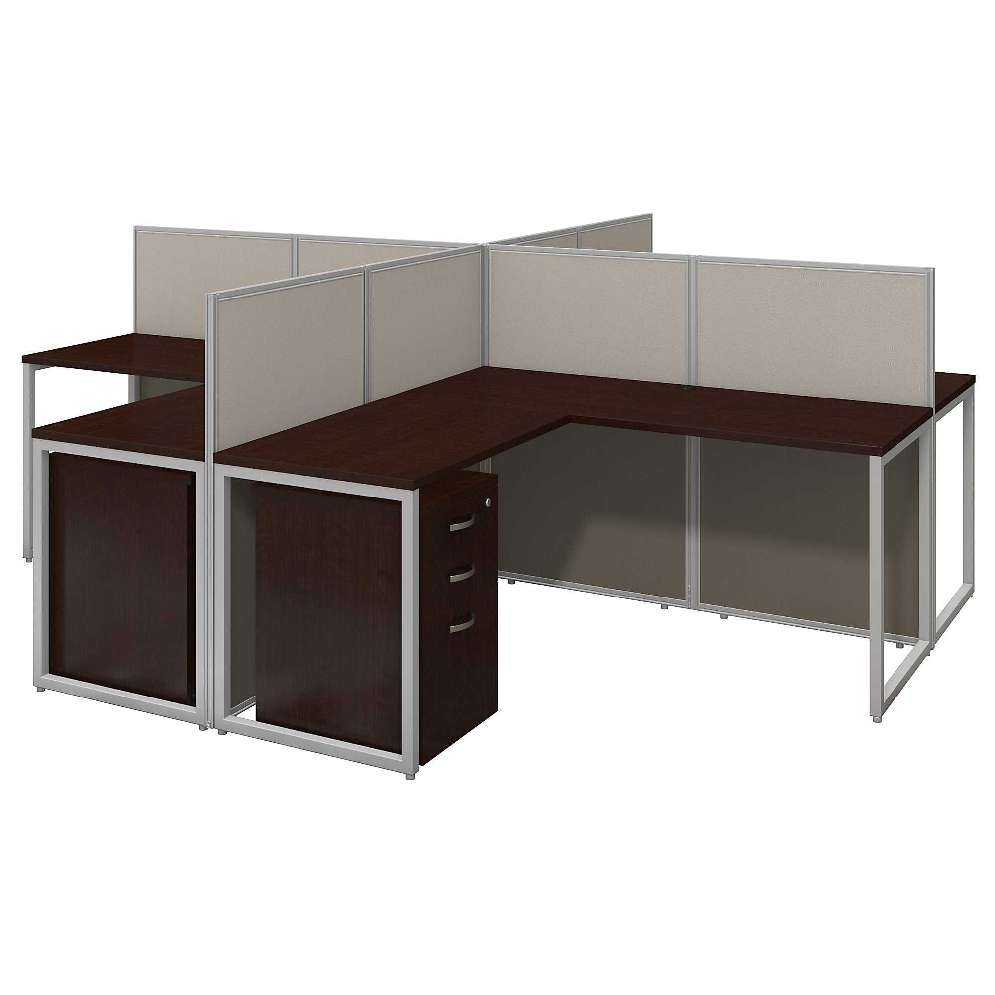 Bush Business Furniture Easy Office 60W 4 Person L Shaped Desk Open Office with Mobile File Cabinets | Mocha Cherry