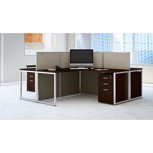 Bush Business Furniture Easy Office 60W 4 Person L Shaped Desk Open Office with Mobile File Cabinets | Mocha Cherry