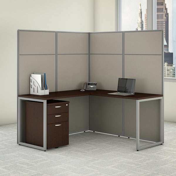 Bush Business Furniture Easy Office 60W L Shaped Cubicle Desk with File Cabinet and 66H Panels | Mocha Cherry