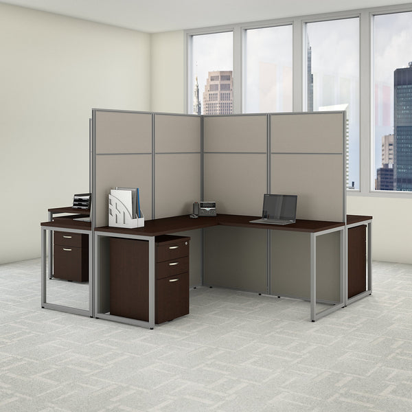 Bush Business Furniture Easy Office 60W 4 Person L Shaped Cubicle Desk with Drawers and 66H Panels | Mocha Cherry