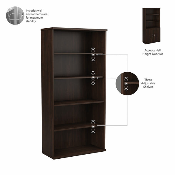 Bush Business Furniture Hybrid Tall 5 Shelf Bookcase | Black Walnut