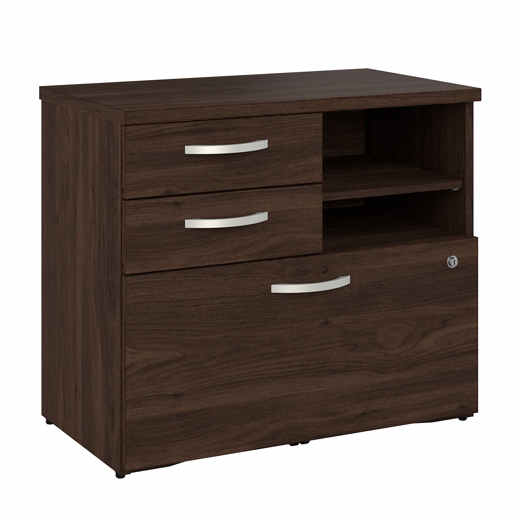 Bush Business Furniture Hybrid Office Storage Cabinet with Drawers and Shelves | Black Walnut