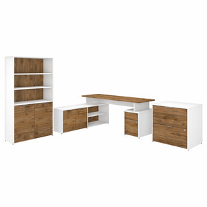 Bush Business Furniture Jamestown 72W L Shaped Desk with Lateral File Cabinet and 5 Shelf Bookcase | Fresh Walnut/White
