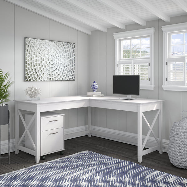 Bush Furniture Key West 60W L Shaped Desk | Pure White Oak