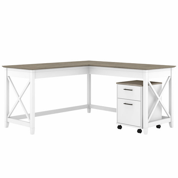 Bush Furniture Key West 60W L Shaped Desk with 2 Drawer Mobile File Cabinet | Shiplap Gray/Pure White