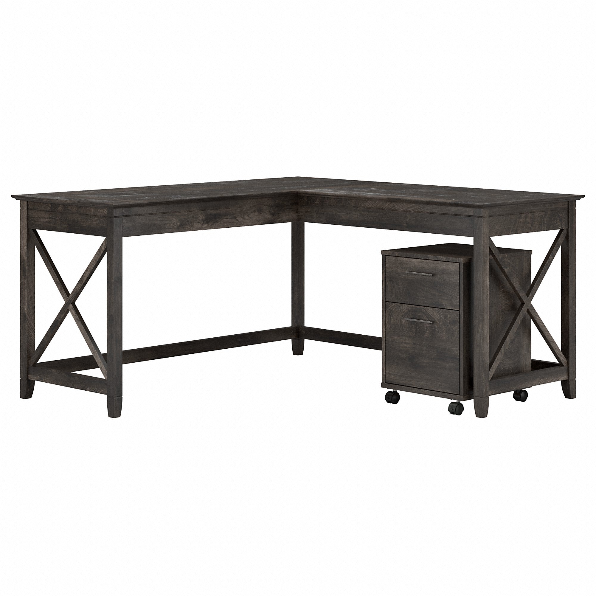 Bush Furniture Key West 60W L Shaped Desk with 2 Drawer Mobile File Cabinet | Dark Gray Hickory