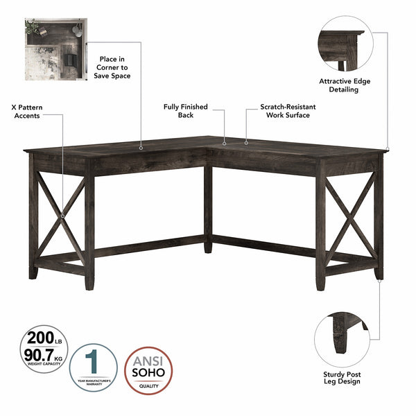 Bush Furniture Key West 60W L Shaped Desk with 2 Drawer Mobile File Cabinet | Dark Gray Hickory