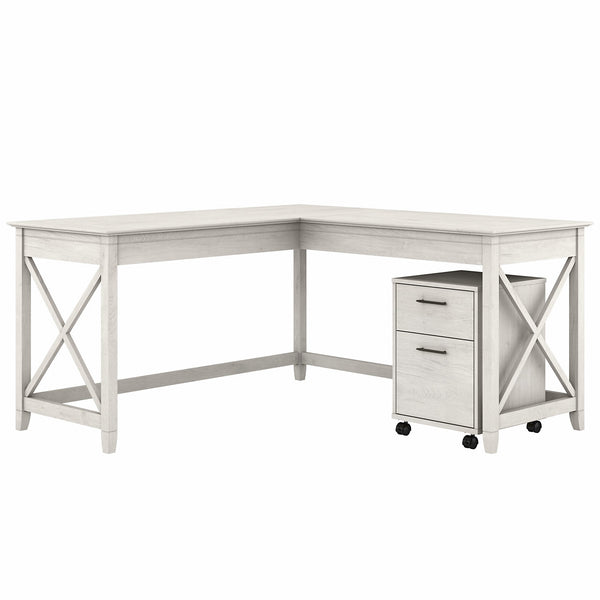 Bush Furniture Key West 60W L Shaped Desk with 2 Drawer Mobile File Cabinet | Linen White Oak