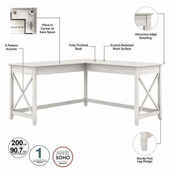 Bush Furniture Key West 60W L Shaped Desk with 2 Drawer Mobile File Cabinet | Linen White Oak