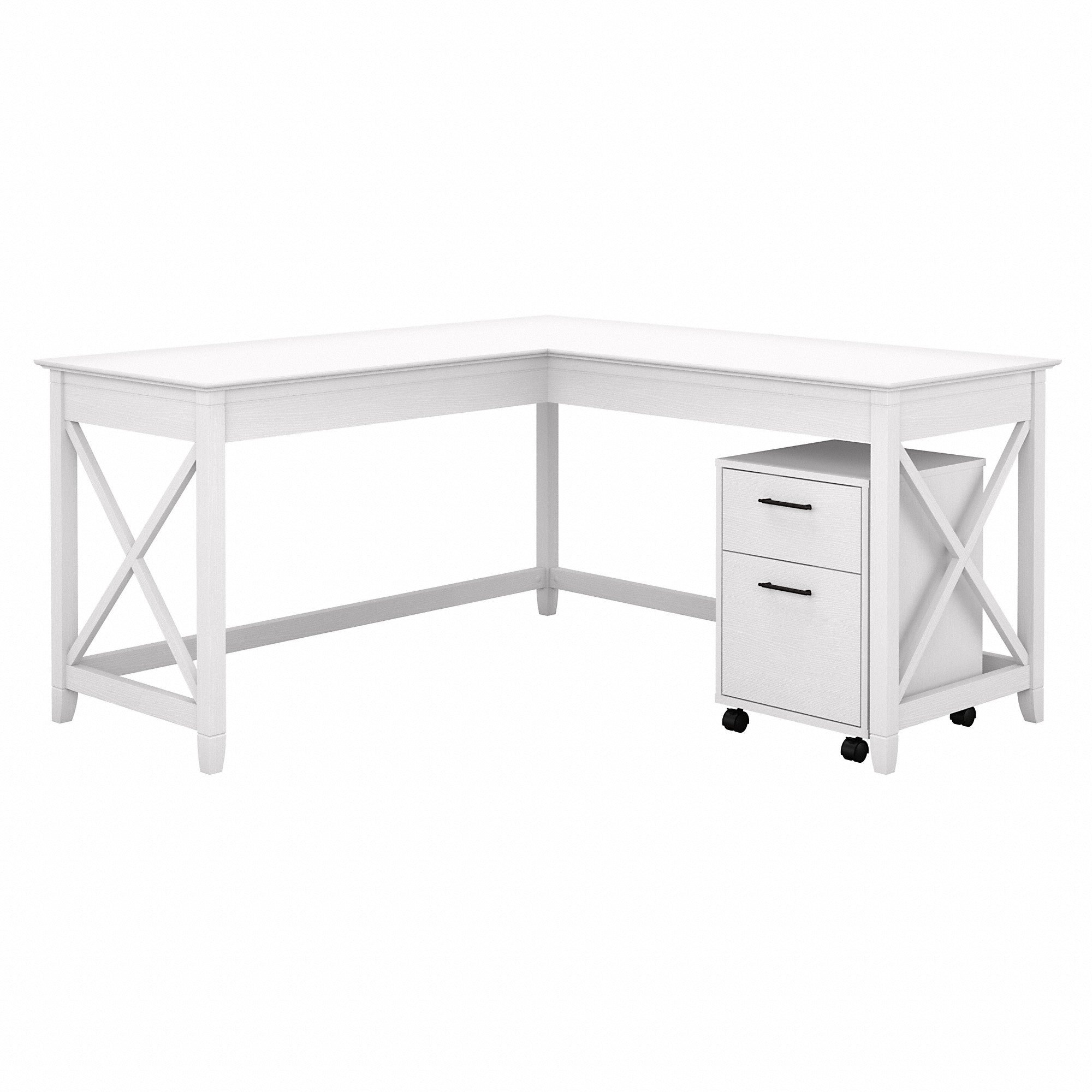 Bush Furniture Key West 60W L Shaped Desk with 2 Drawer Mobile File Cabinet | Pure White Oak