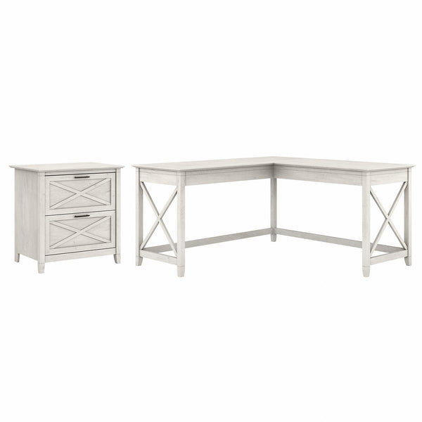 Bush Furniture Key West 60W L Shaped Desk with 2 Drawer Lateral File Cabinet | Linen White Oak