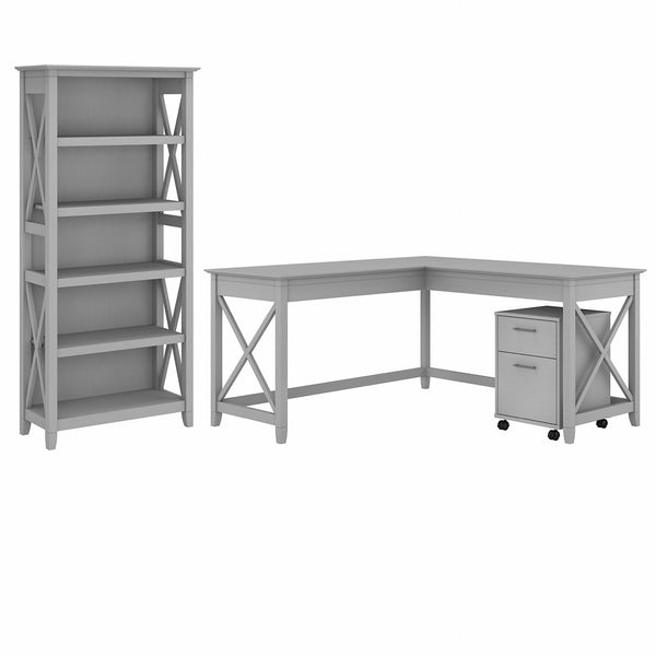Bush Furniture Key West 60W L Shaped Desk with 2 Drawer Mobile File Cabinet and 5 Shelf Bookcase | Cape Cod Gray