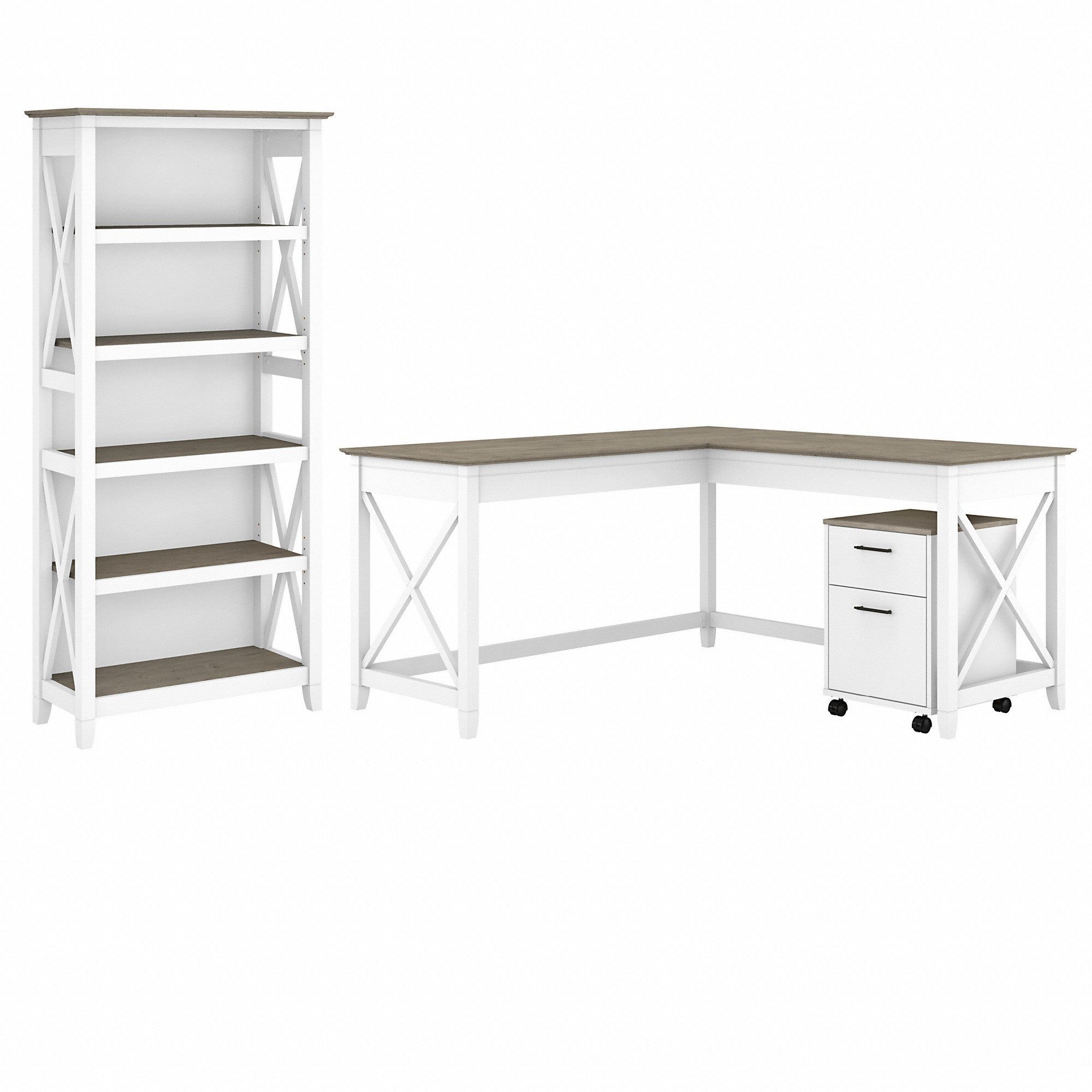 Bush Furniture Key West 60W L Shaped Desk with 2 Drawer Mobile File Cabinet and 5 Shelf Bookcase | Shiplap Gray/Pure White