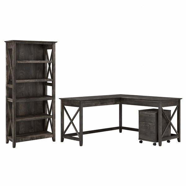 Bush Furniture Key West 60W L Shaped Desk with 2 Drawer Mobile File Cabinet and 5 Shelf Bookcase | Dark Gray Hickory
