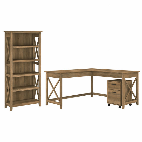 Bush Furniture Key West 60W L Shaped Desk with 2 Drawer Mobile File Cabinet and 5 Shelf Bookcase | Reclaimed Pine