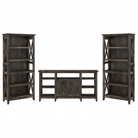 Bush Furniture Key West Tall TV Stand with Set of 2 Bookcases | Dark Gray Hickory