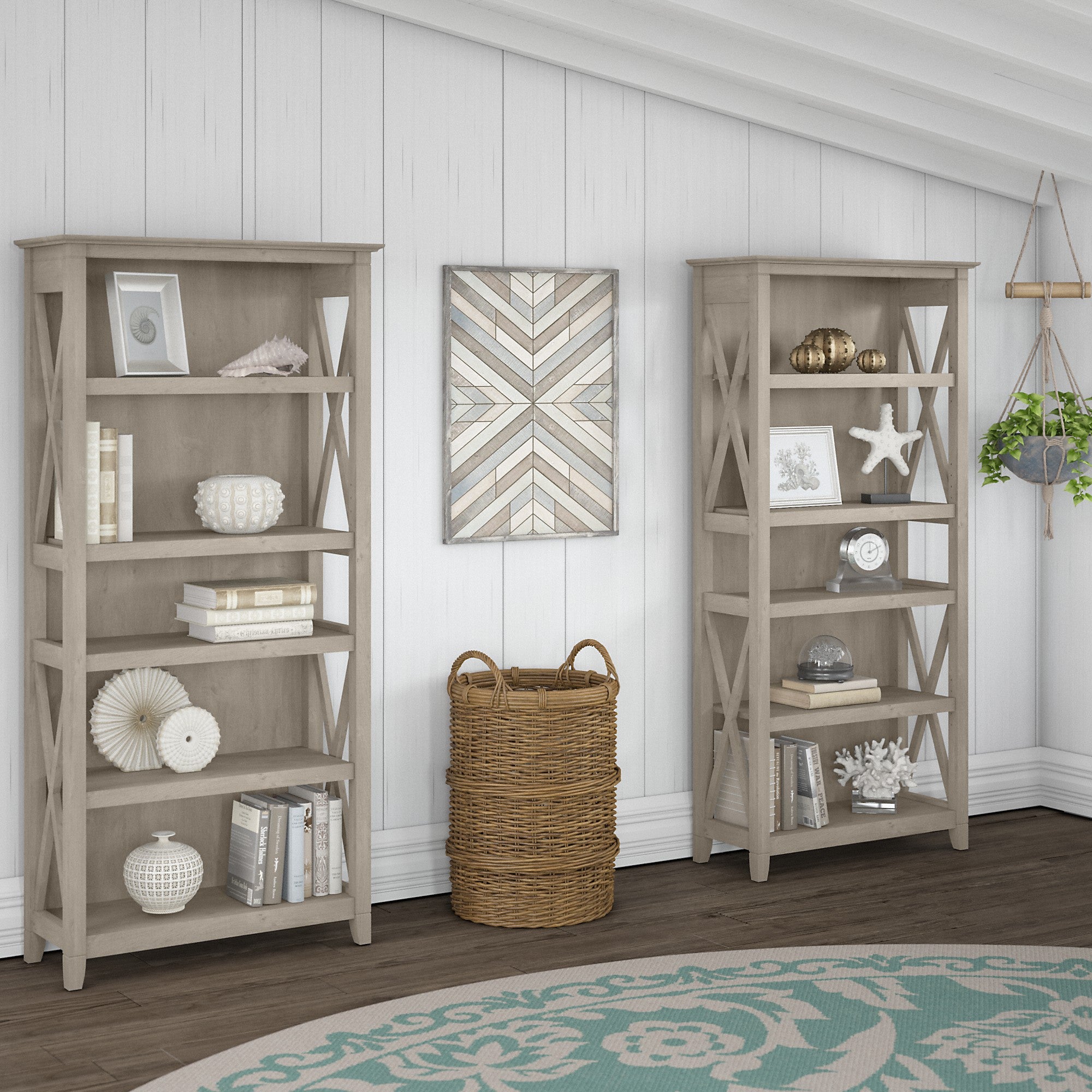 Bush Furniture Key West 5 Shelf Bookcase Set | Washed Gray