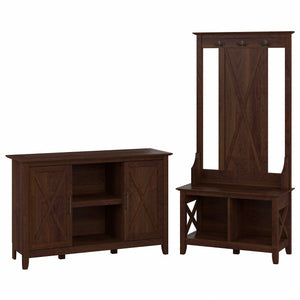 Bush Furniture Key West Entryway Storage Set with Hall Tree, Shoe Bench and 2 Door Cabinet | Bing Cherry