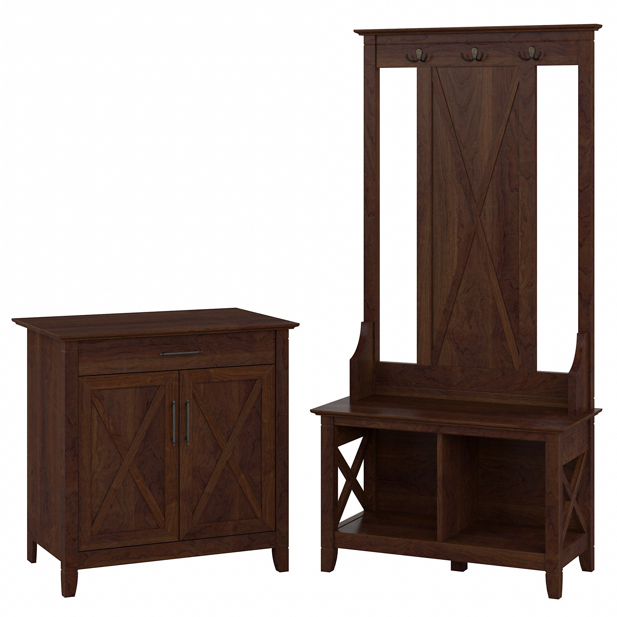 Bush Furniture Key West Entryway Storage Set with Hall Tree, Shoe Bench and Armoire Cabinet | Bing Cherry