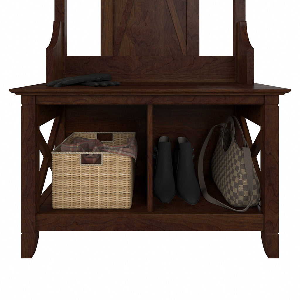 Bush Furniture Key West Entryway Storage Set with Hall Tree, Shoe Bench and Armoire Cabinet Bing Cherry