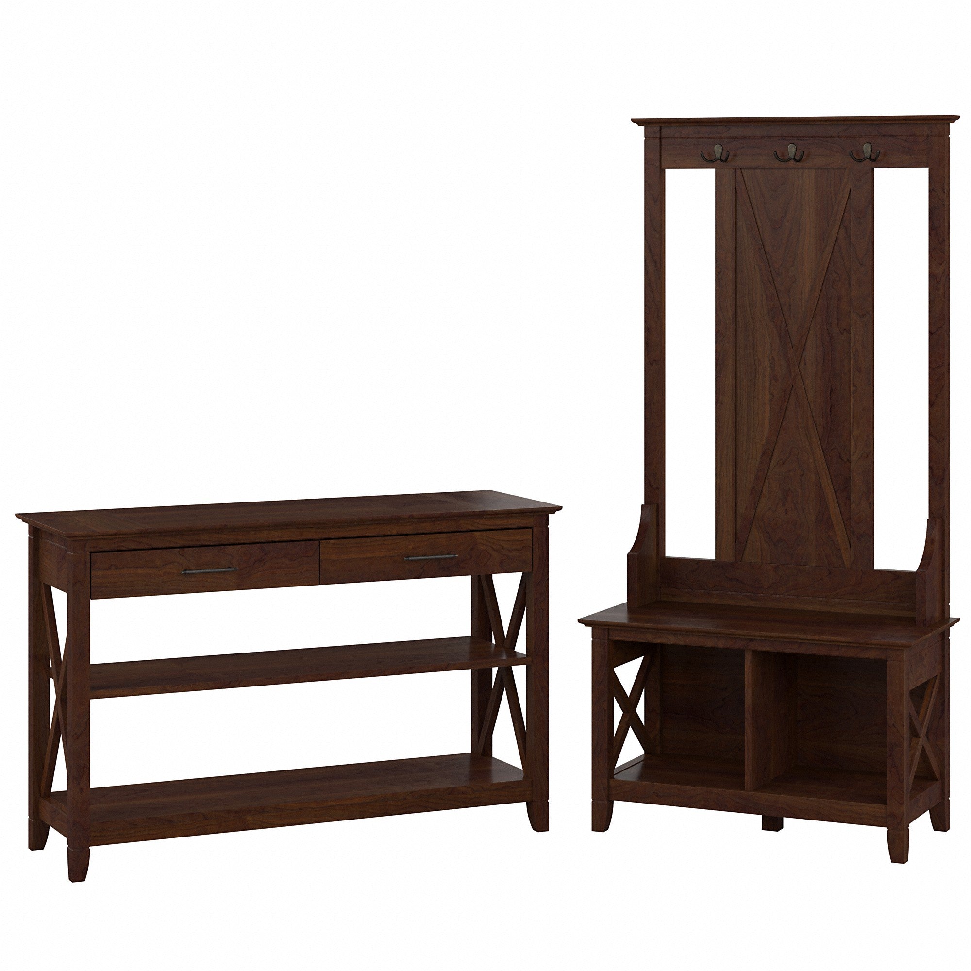 Bush Furniture Key West Entryway Storage Set with Hall Tree, Shoe Bench and Console Table | Bing Cherry