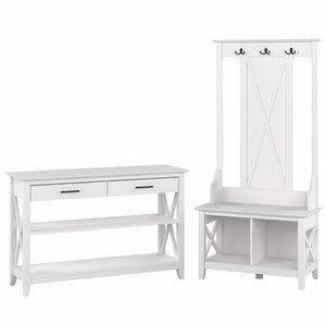 Bush Furniture Key West Entryway Storage Set with Hall Tree, Shoe Bench and Console Table | Pure White Oak