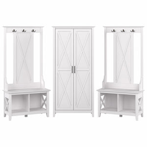 Bush Furniture Key West Entryway Storage Set with Hall Tree, Shoe Bench and Tall Cabinet | Pure White Oak