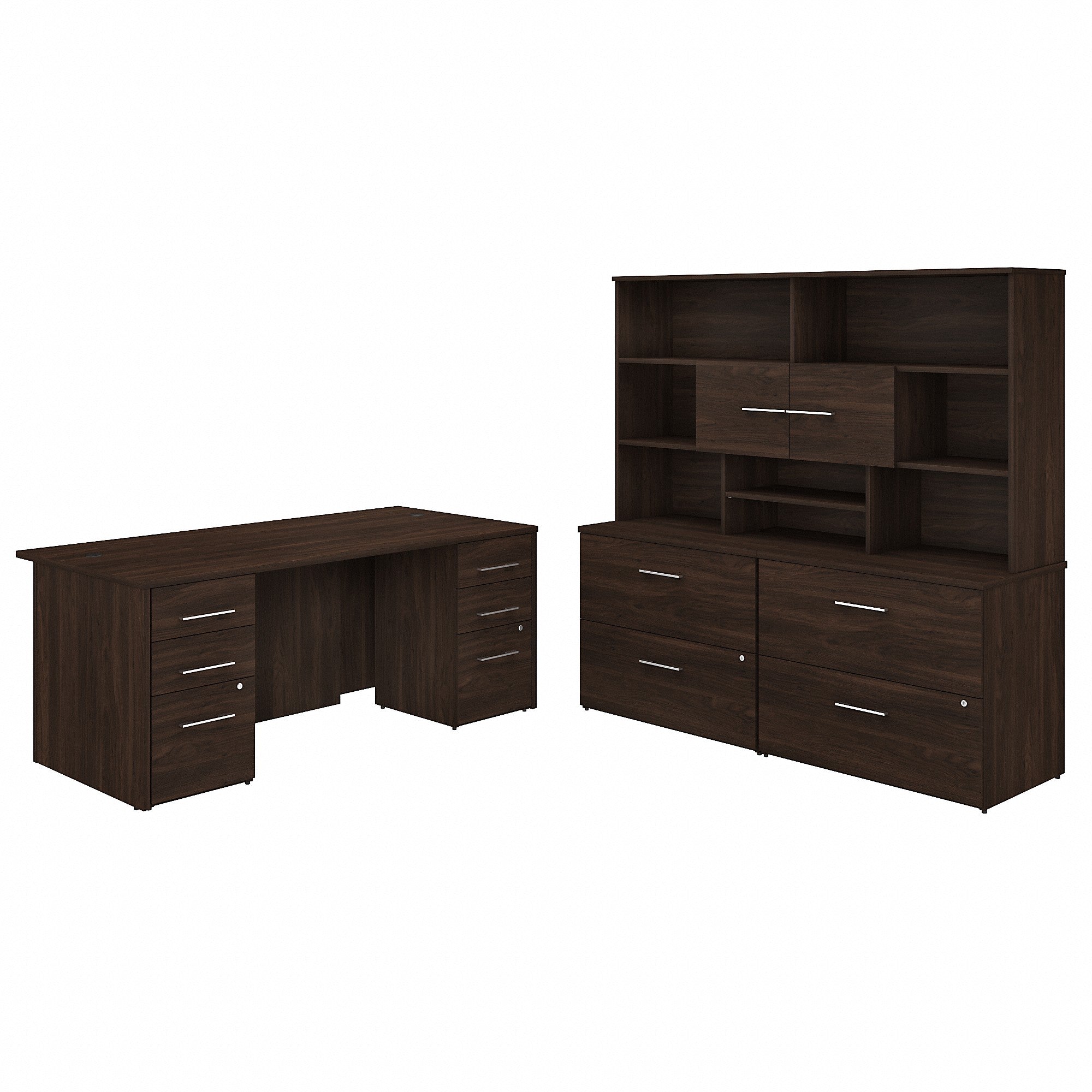 Bush Business Furniture Office 500 72W x 36D Executive Desk with Drawers, Lateral File Cabinets and Hutch | Black Walnut