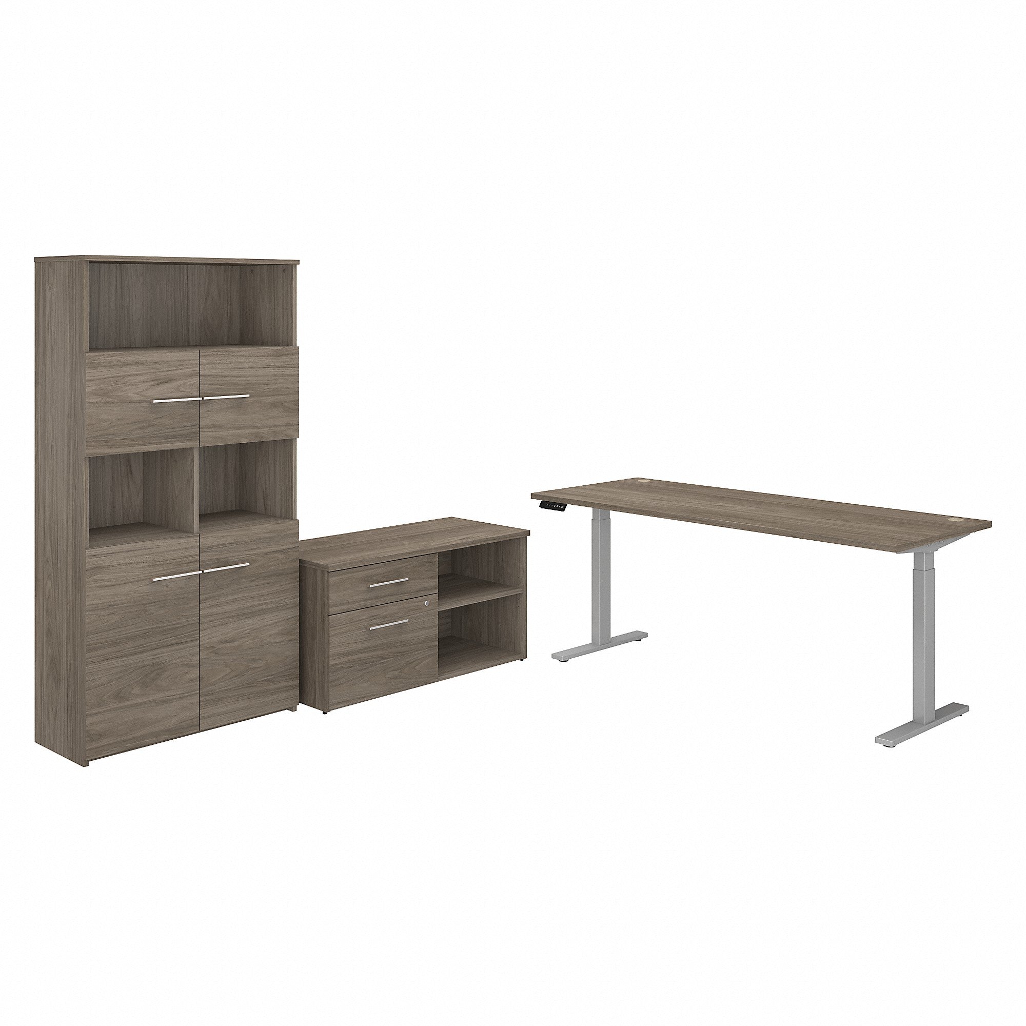 Bush Business Furniture Office 500 72W Height Adjustable Standing Desk with Storage and Bookcase | Modern Hickory