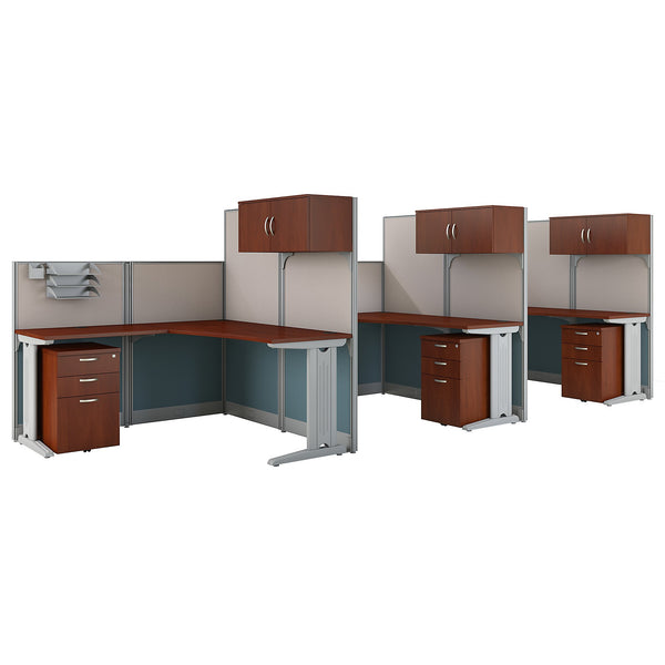 Bush Business Furniture Office in an Hour 3 Person L Shaped Cubicle Workstations | Hansen Cherry