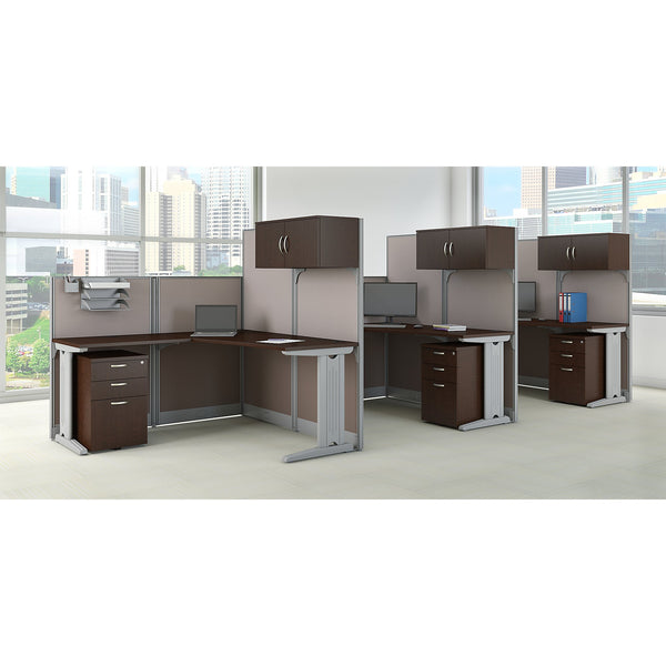 Bush Business Furniture Office in an Hour 3 Person L Shaped Cubicle Workstations | Mocha Cherry