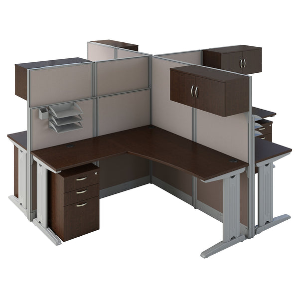 Bush Business Furniture Office in an Hour 4 Person L Shaped Cubicle Workstations | Mocha Cherry