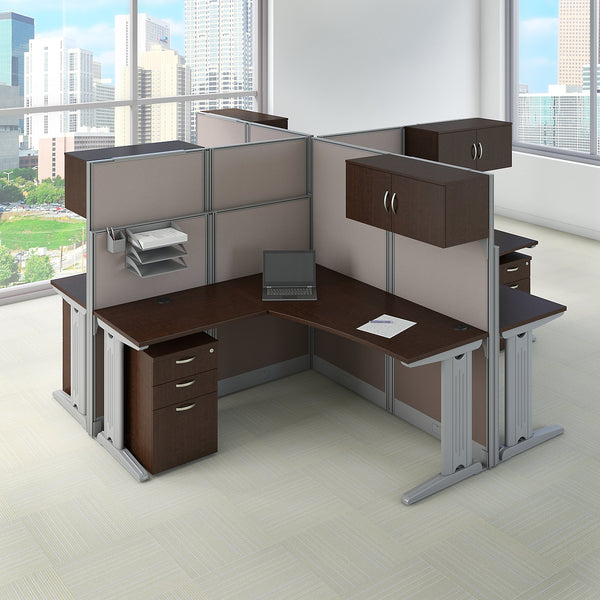 Bush Business Furniture Office in an Hour 4 Person L Shaped Cubicle Workstations | Mocha Cherry