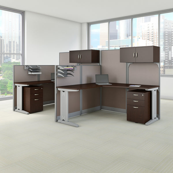 Bush Business Furniture Office in an Hour 2 Person L Shaped Cubicle Workstations | Mocha Cherry