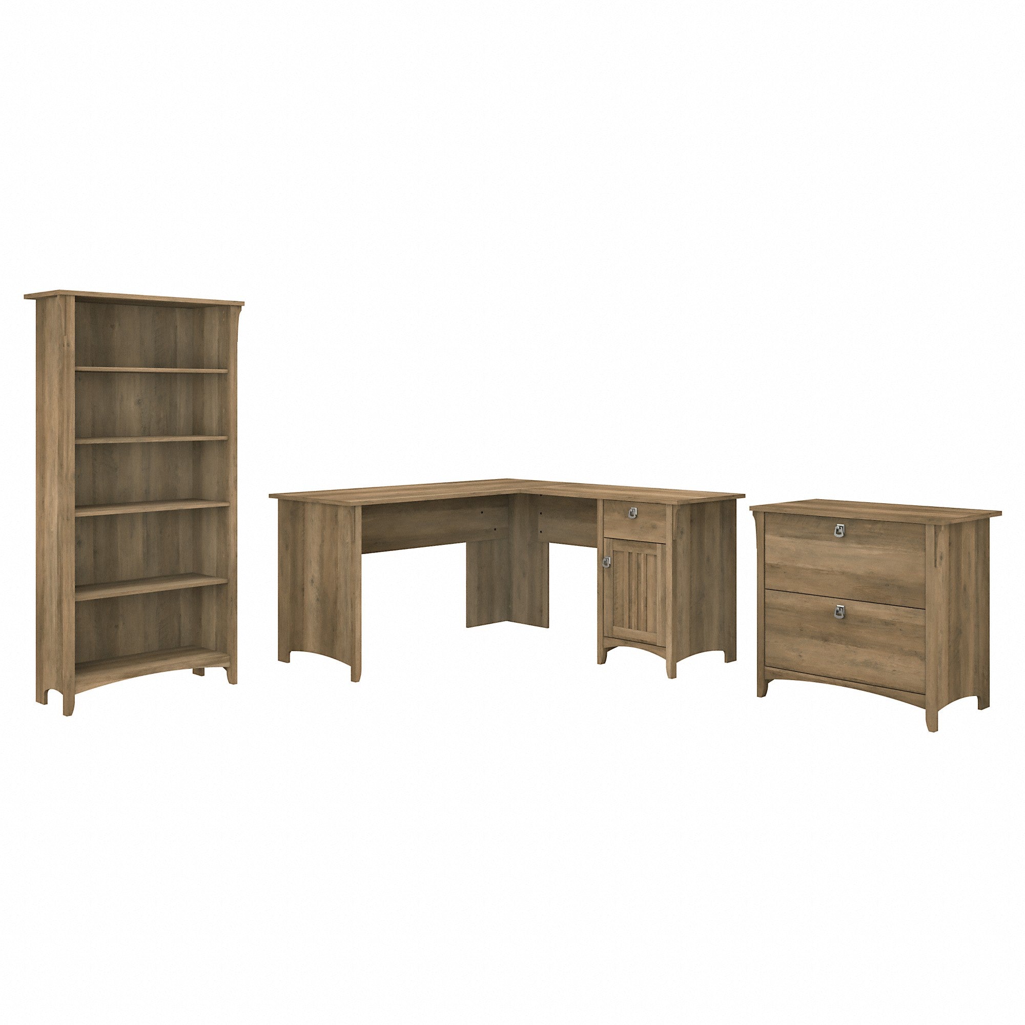 Bush Furniture Salinas 60W L Shaped Desk with Lateral File Cabinet and 5 Shelf Bookcase | Reclaimed Pine