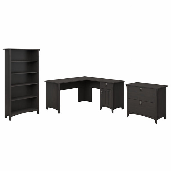 Bush Furniture Salinas 60W L Shaped Desk with Lateral File Cabinet and 5 Shelf Bookcase | Vintage Black