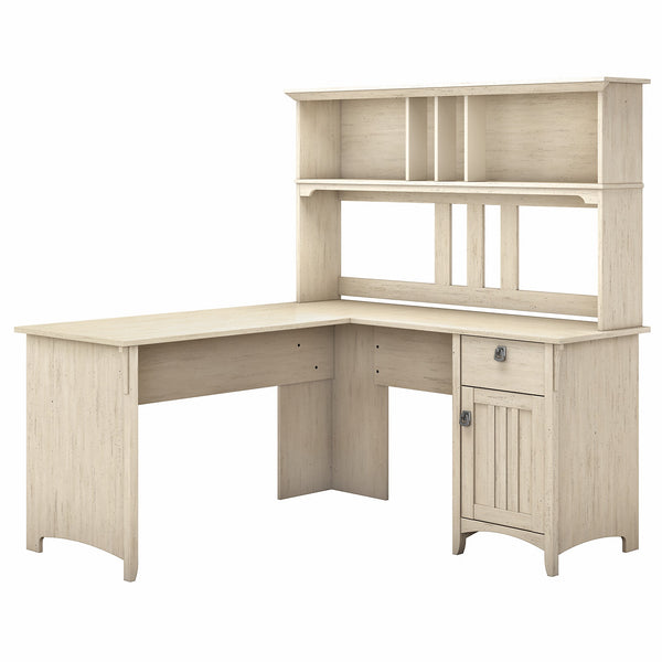 Bush Furniture Salinas 60W L Shaped Desk with Hutch | Antique White