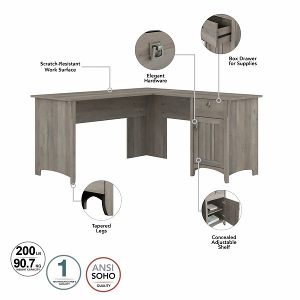 Bush Furniture Salinas 60W L Shaped Desk with Hutch | Driftwood Gray