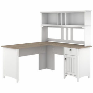 Bush Furniture Salinas 60W L Shaped Desk with Hutch | Shiplap Gray/Pure White