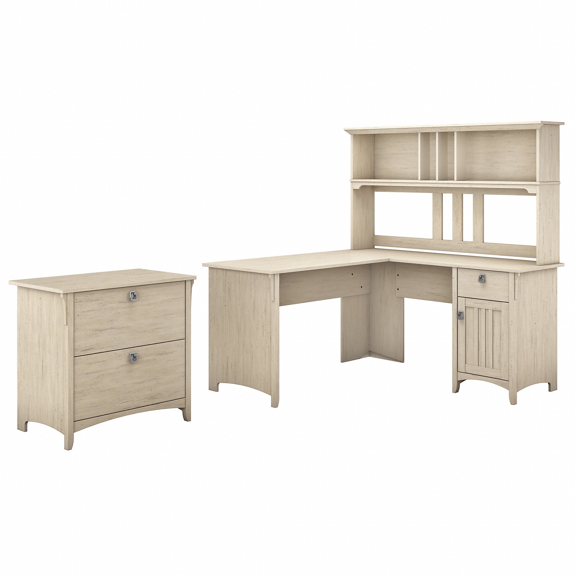 Bush Furniture Salinas 60W L Shaped Desk with Hutch and Lateral File Cabinet | Antique White