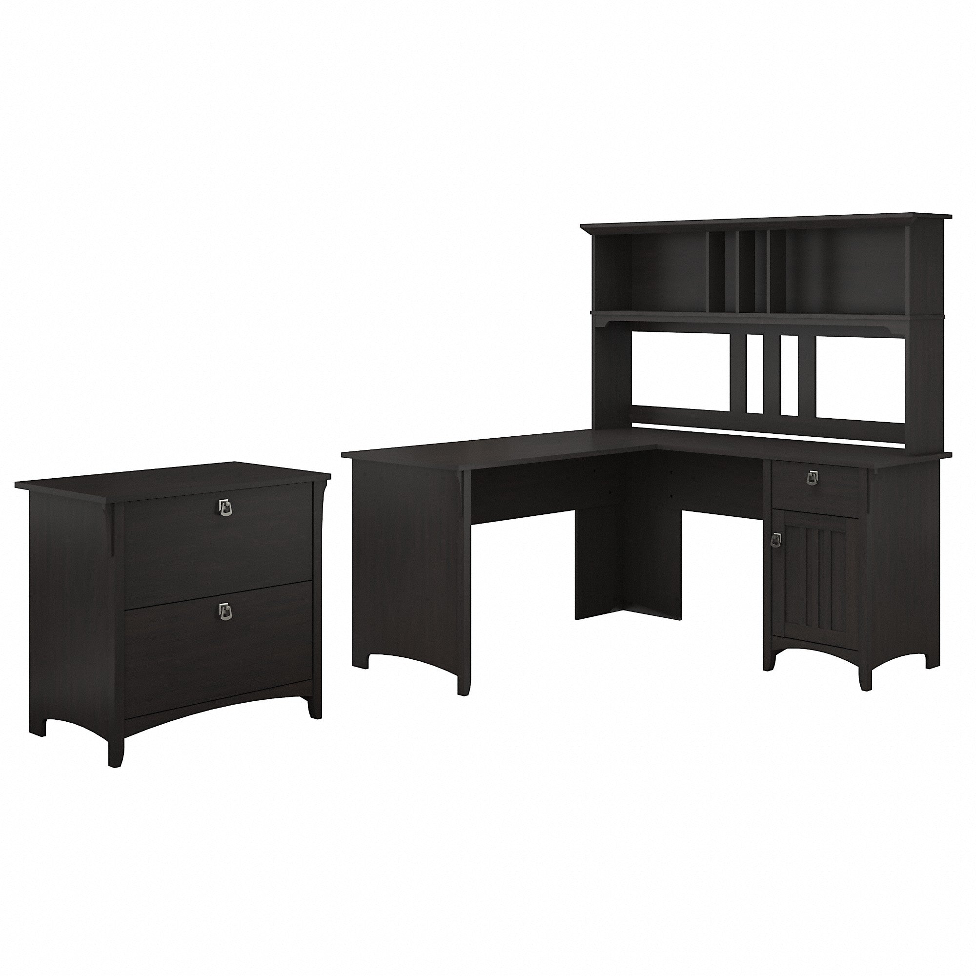 Bush Furniture Salinas 60W L Shaped Desk with Hutch and Lateral File Cabinet | Vintage Black